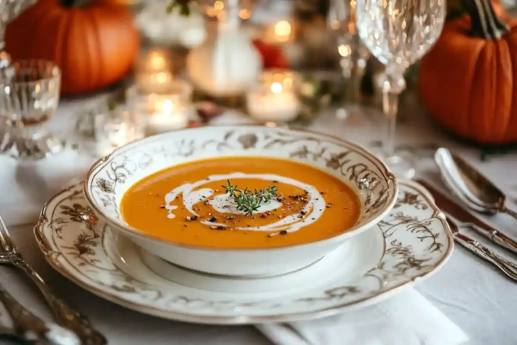 Elegant pumpkin soup presentation