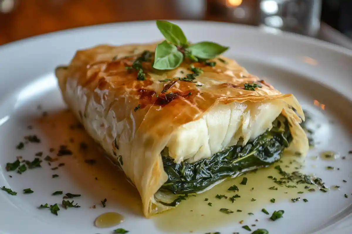 Halibut and spinach wrapped in filo