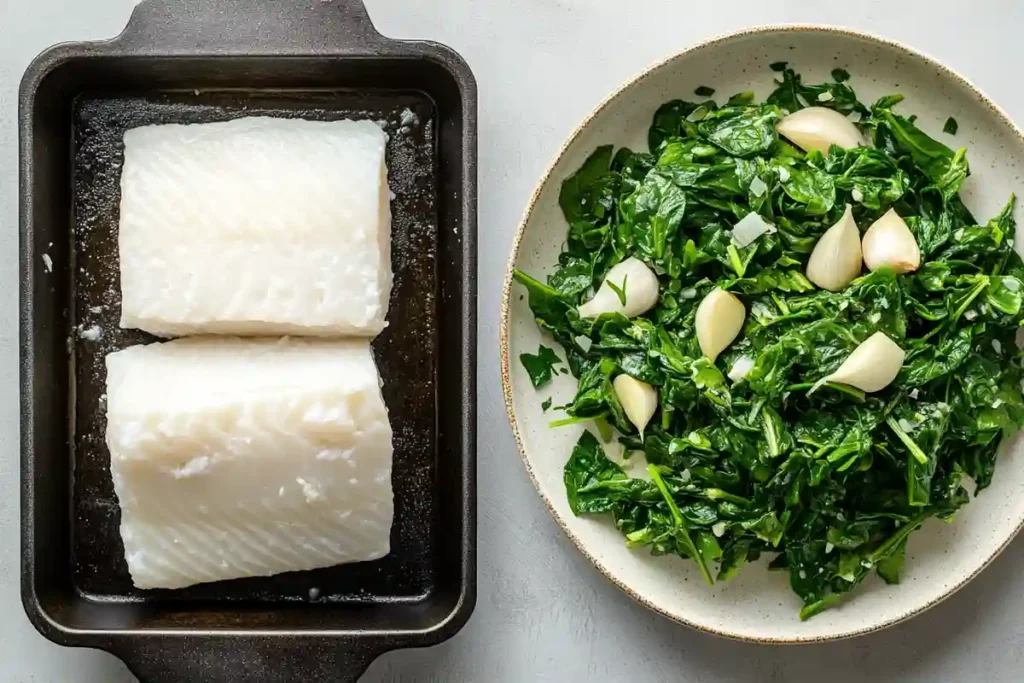 Preparing halibut and spinach