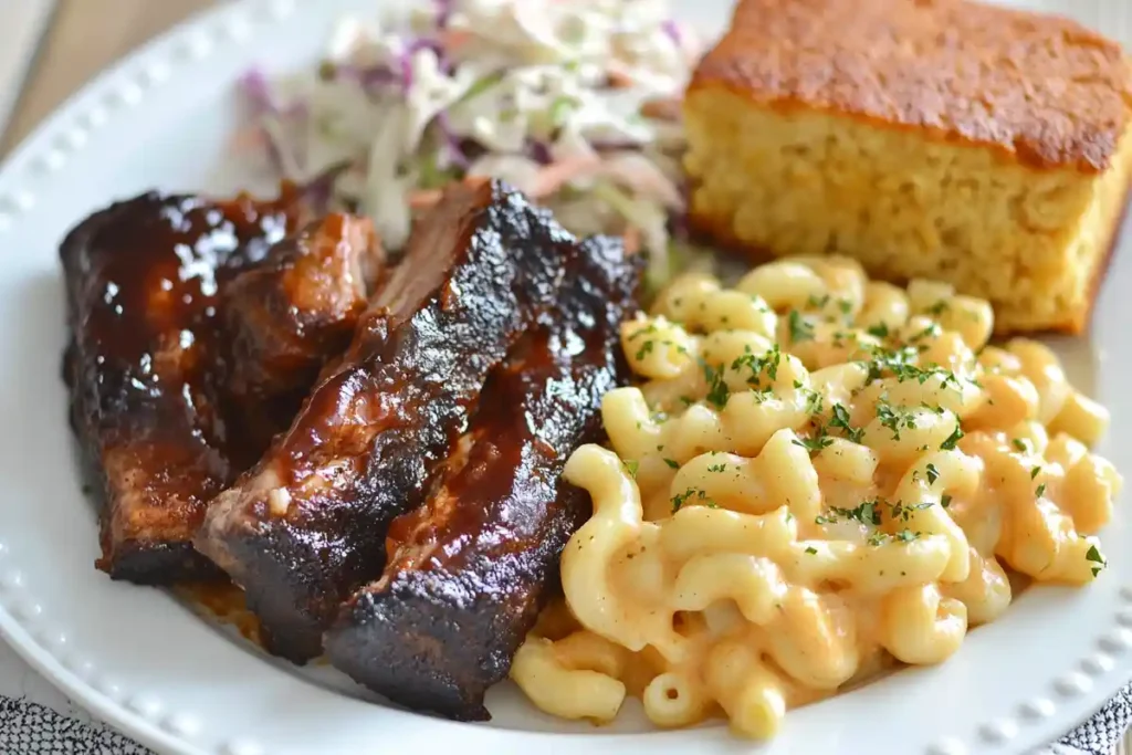 Smoked mac and cheese with BBQ ribs and sides