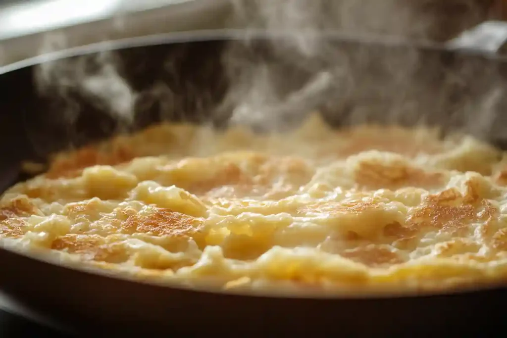 Cooking scrambled pancakes in a skillet