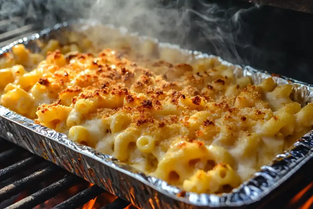 Smoking mac and cheese in progress