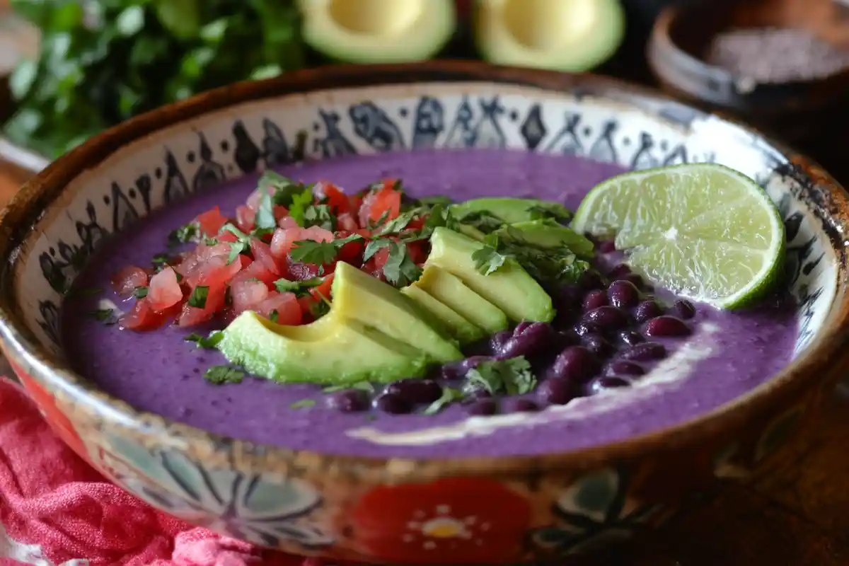 Purple Black Bean Soup in a bowl with toppings