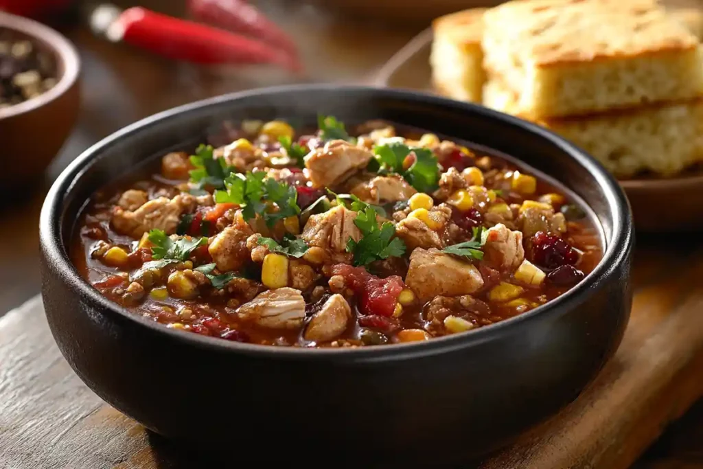 Turkey Cranberry Chili served with cornbread and rice