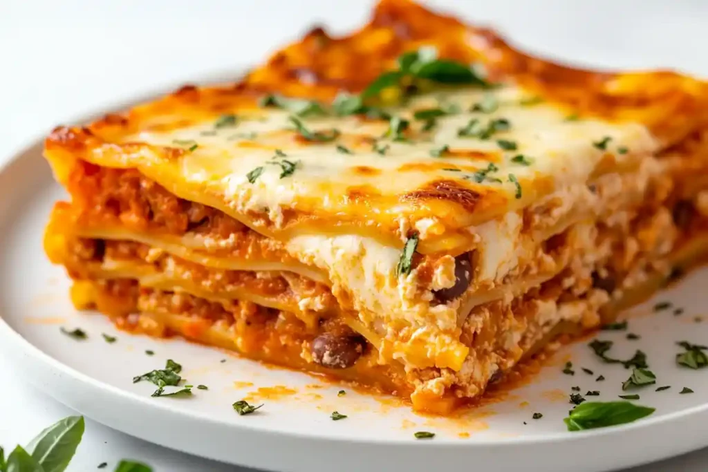 Slices of butter bean lasagna served