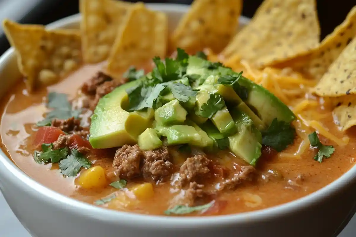 Chilled Taco Soup Frios with toppings