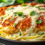 Chicken Parmesan Alfredo served with fettuccine