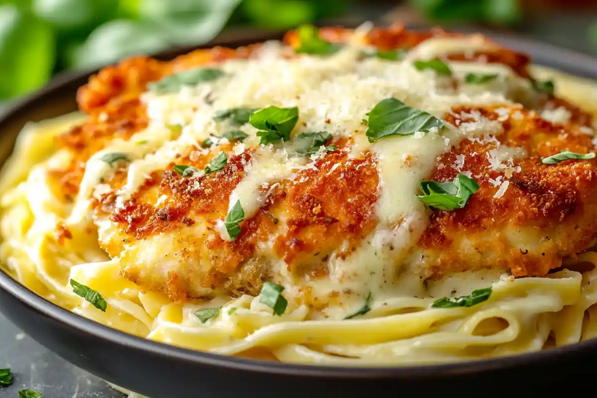 Chicken Parmesan Alfredo served with fettuccine