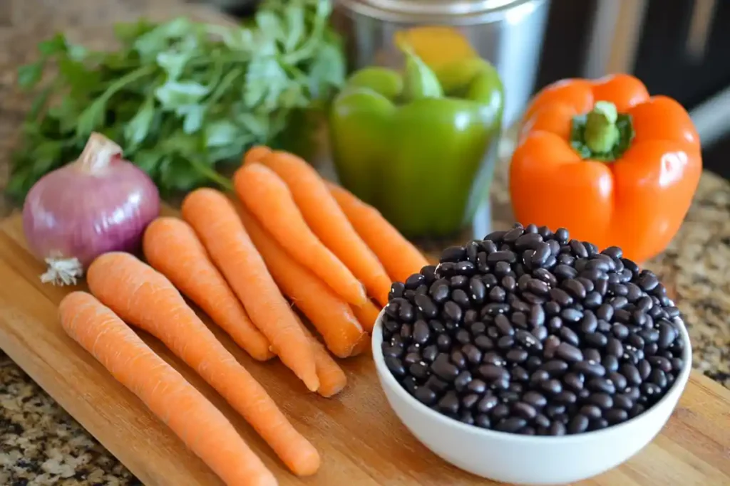 Ingredients for Purple Black Bean Soup laid out