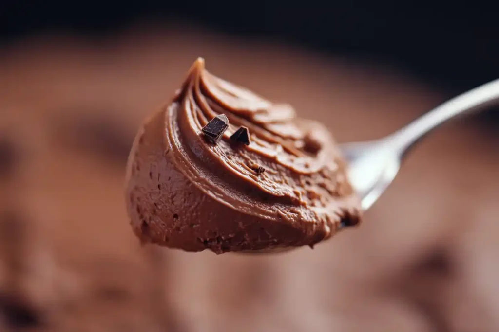 Light and airy 3-ingredient chocolate mousse on a spoon