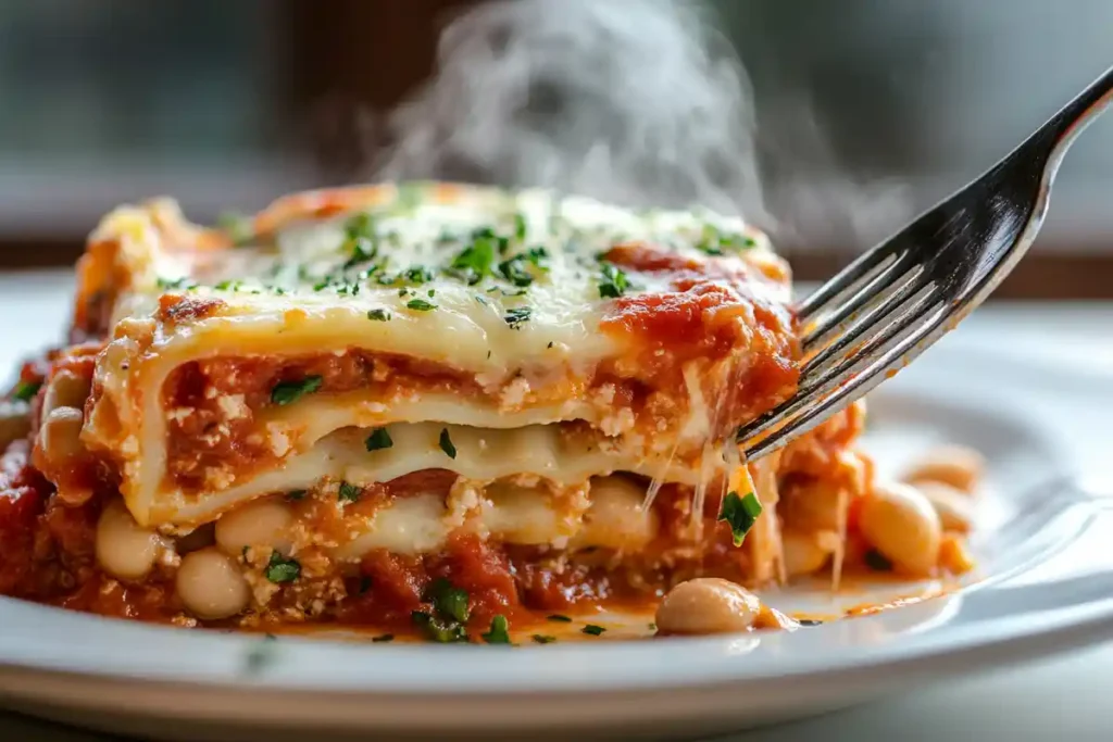 Butter bean lasagna with a fork taking a bite