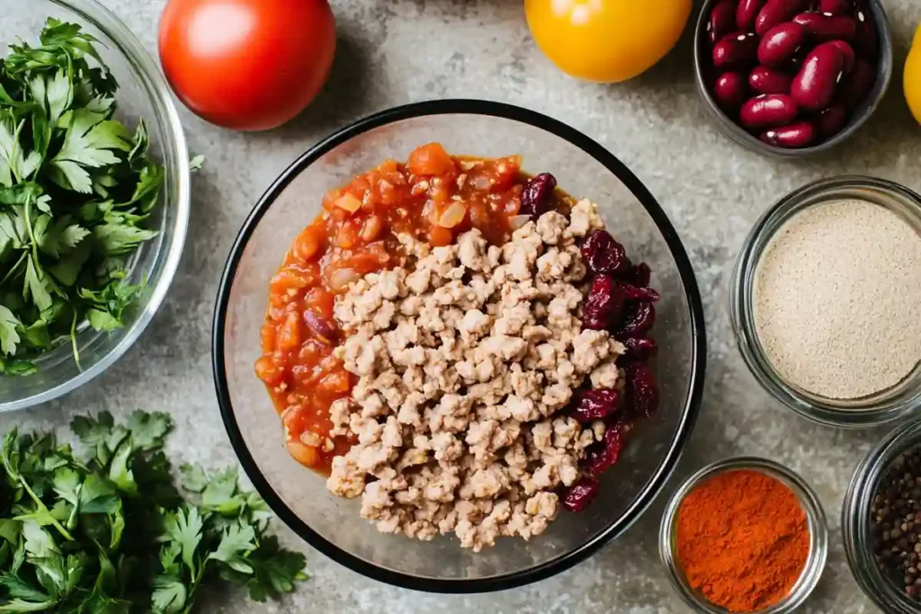 Ingredients for Turkey Cranberry Chili with turkey and cranberries