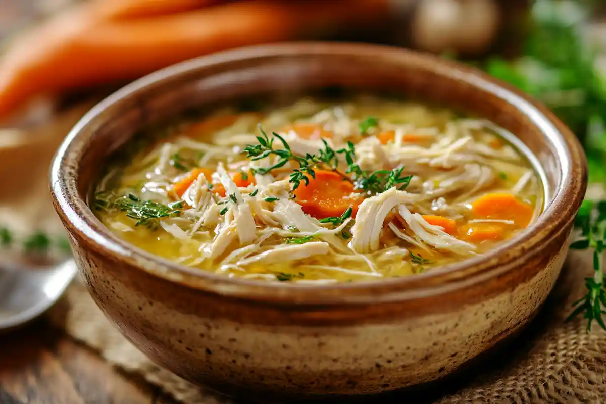 Grandma’s chicken soup in a rustic bowl with fresh herbs