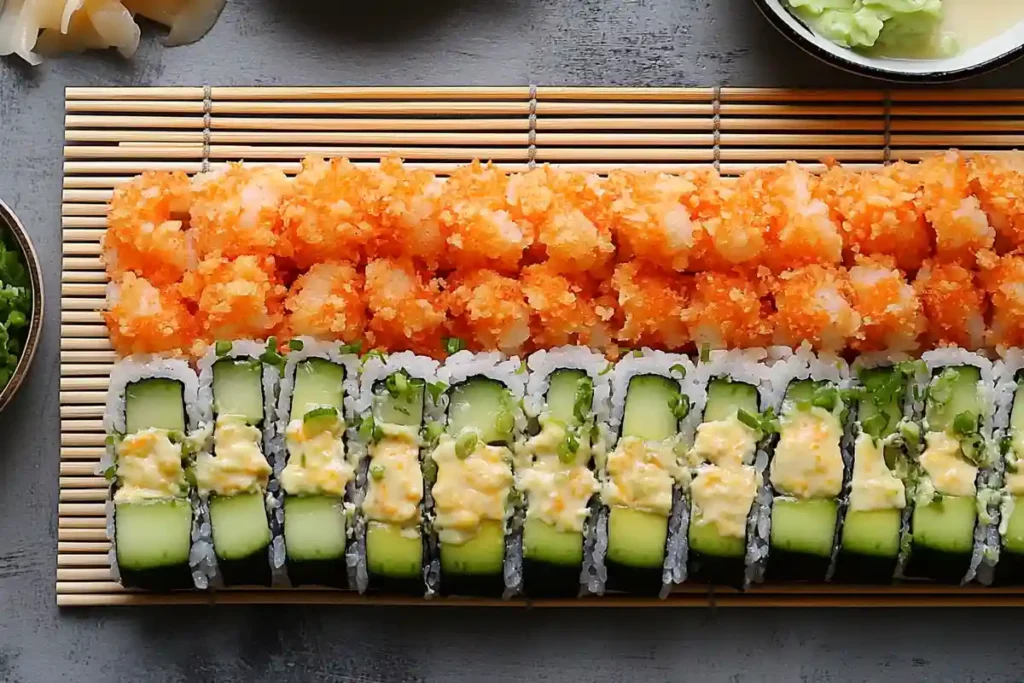 Making a Tiger Roll sushi at home with fresh ingredients