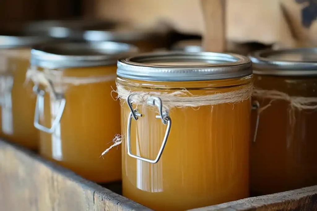 Homemade bone broth stored in jars