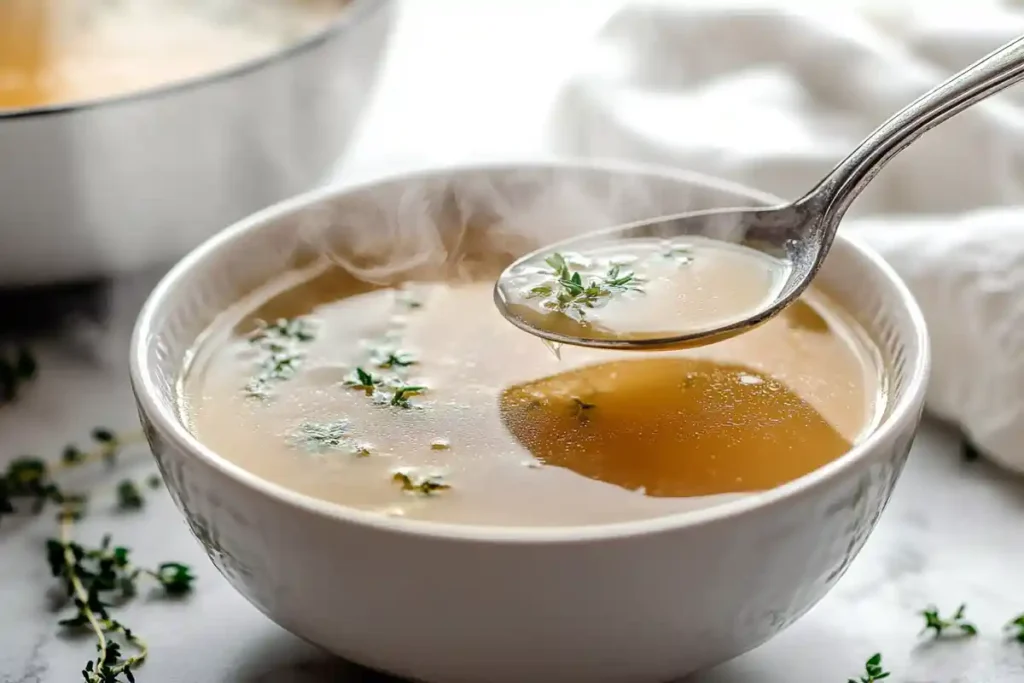 Rich homemade soup bone broth being served