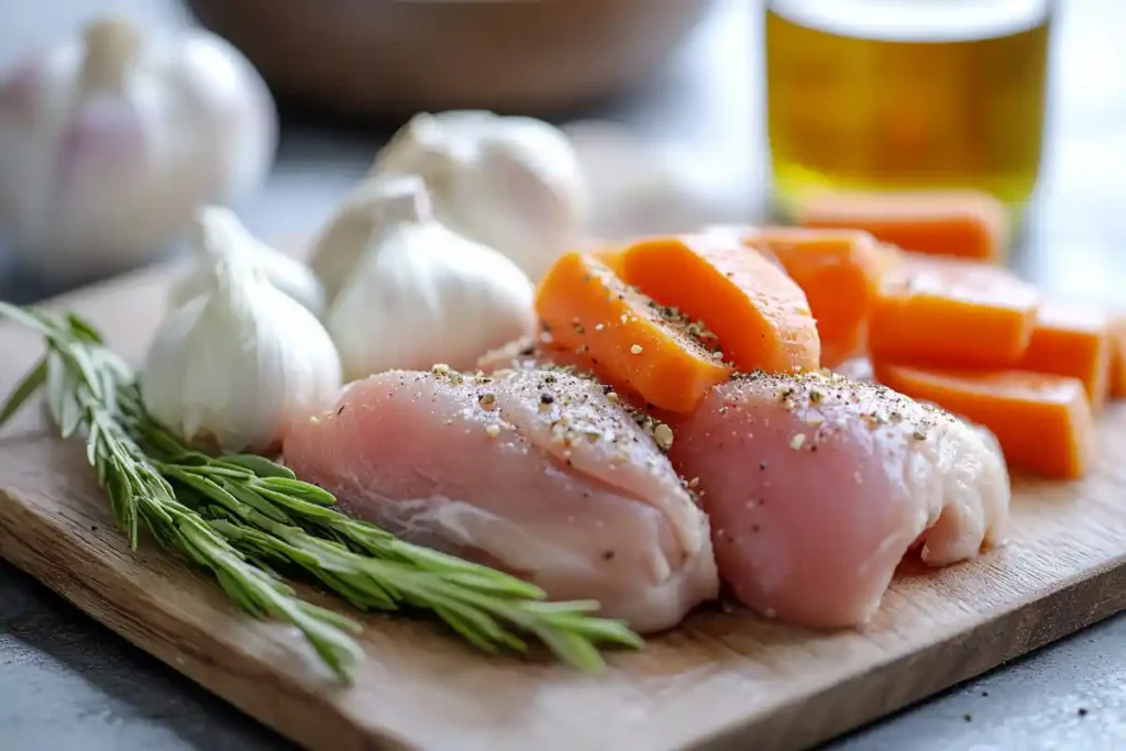 Fresh chicken, vegetables, and herbs for homemade chicken soup