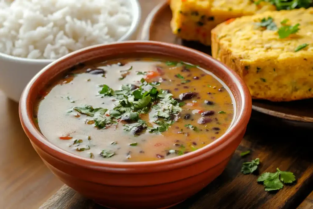 Purple Black Bean Soup served with rice and cornbread