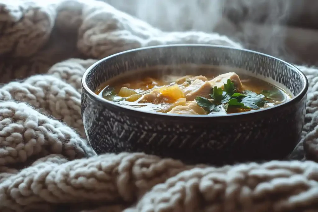 Hot chicken soup in a bowl, perfect for cold and flu relief