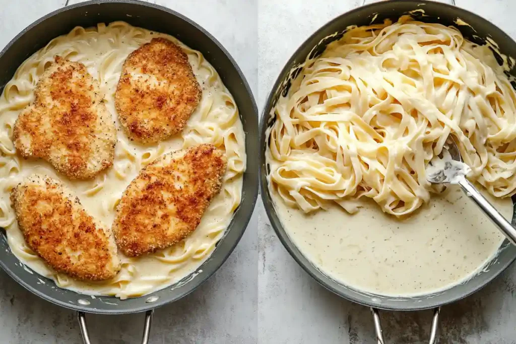 Cooking process of Chicken Parmesan Alfredo