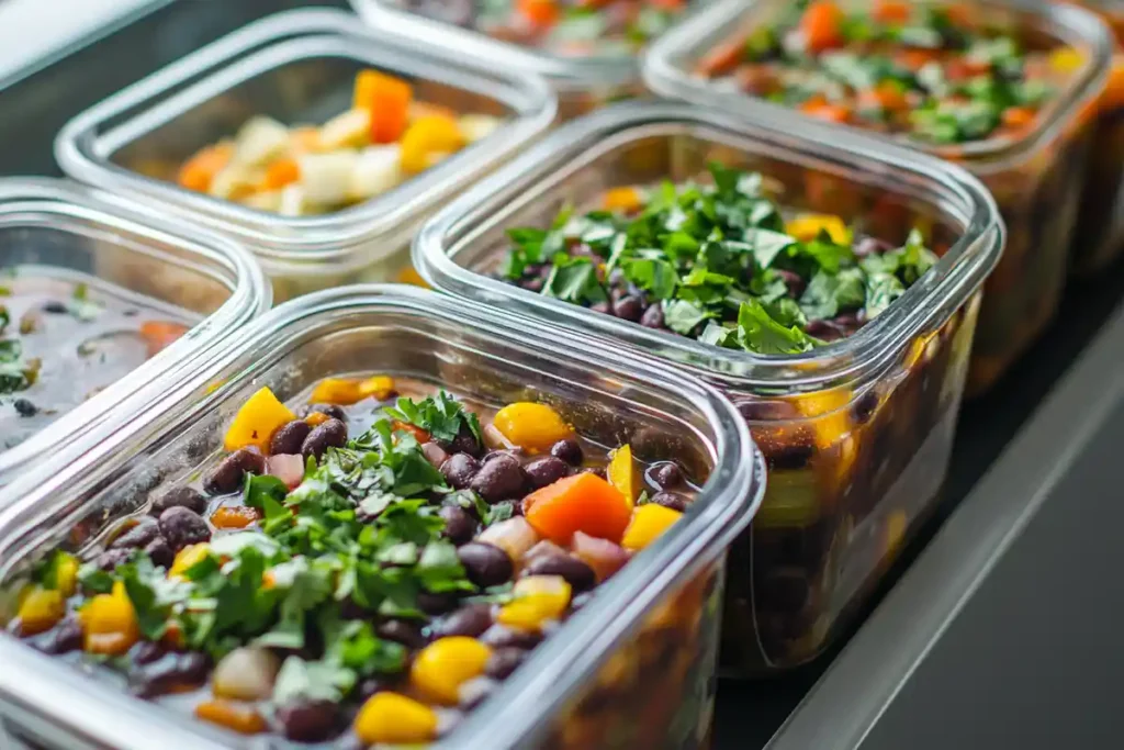 Purple Black Bean Soup stored in glass containers