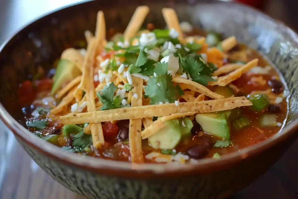 Taco Soup Frios garnished with avocado and cheese