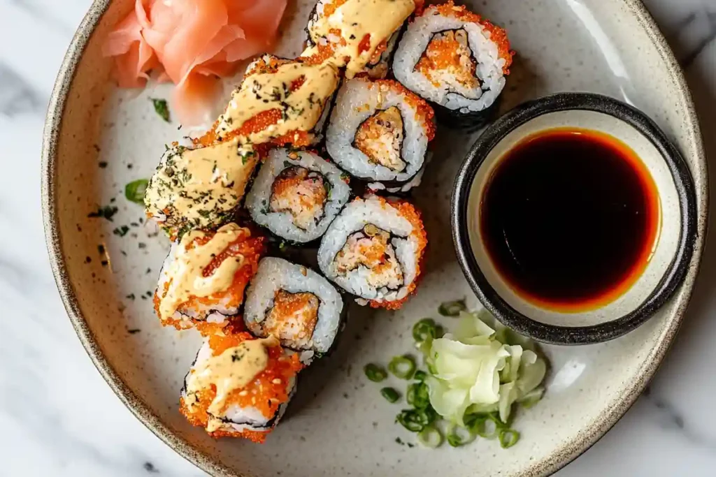 Tiger Roll sushi served with spicy mayo, eel sauce, and soy sauce