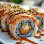 Tiger Roll sushi served with eel sauce and spicy mayo