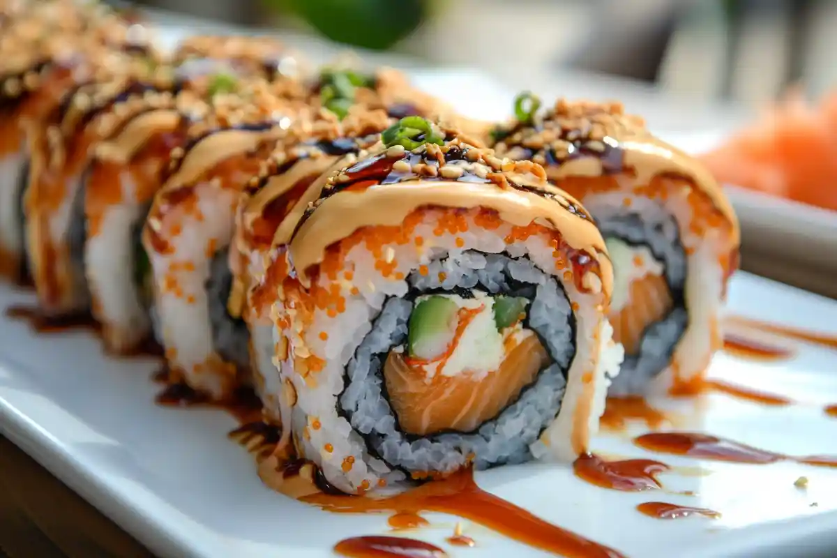 Tiger Roll sushi served with eel sauce and spicy mayo