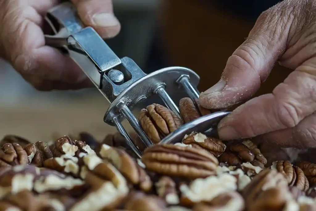 Manual pecan cracker in action